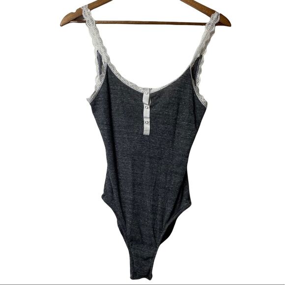 Victoria Secret Gray Ribbed lace detail bodysuit Small - Picture 1 of 9